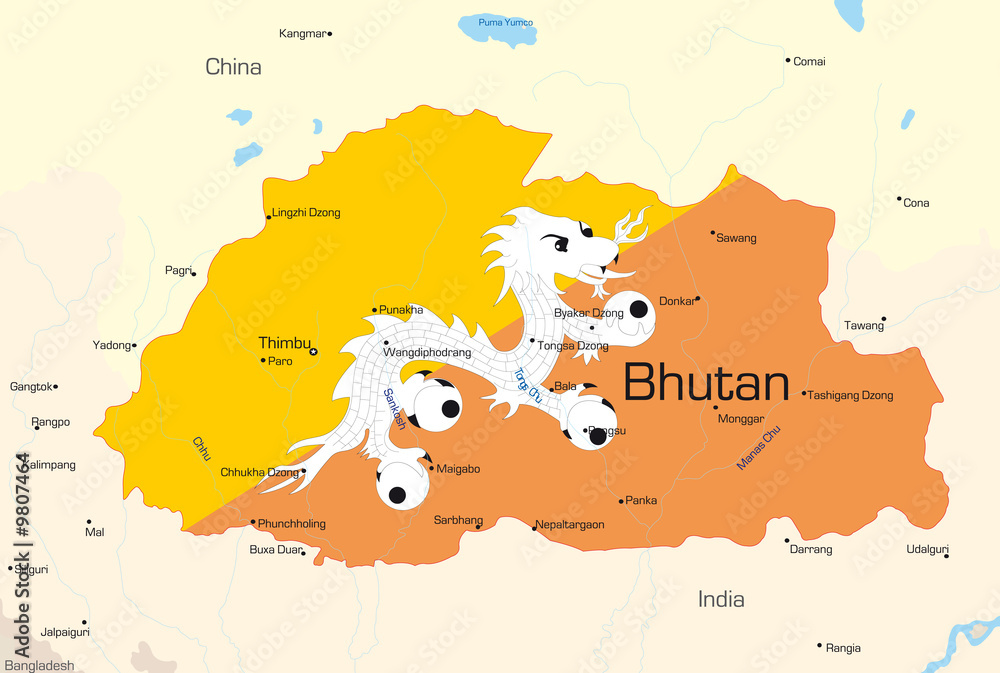 Obraz premium Vector map of Bhutan country colored by national flag