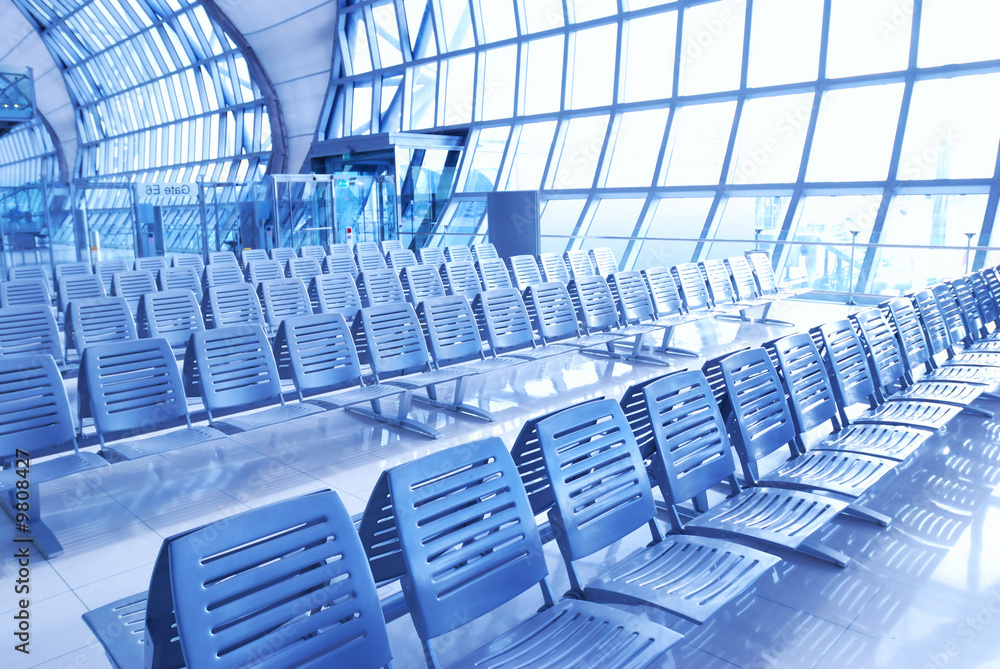 Fototapeta premium Modern airport lounge. Toned cold.