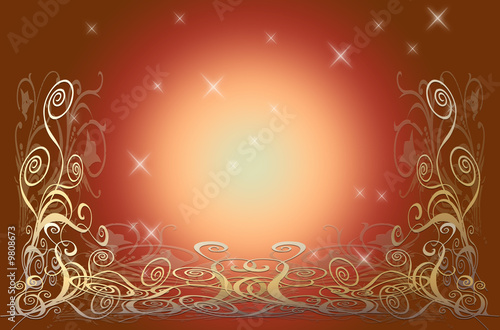 Arabesques dorées sur fond dégradé rouge et étoiles scintillante