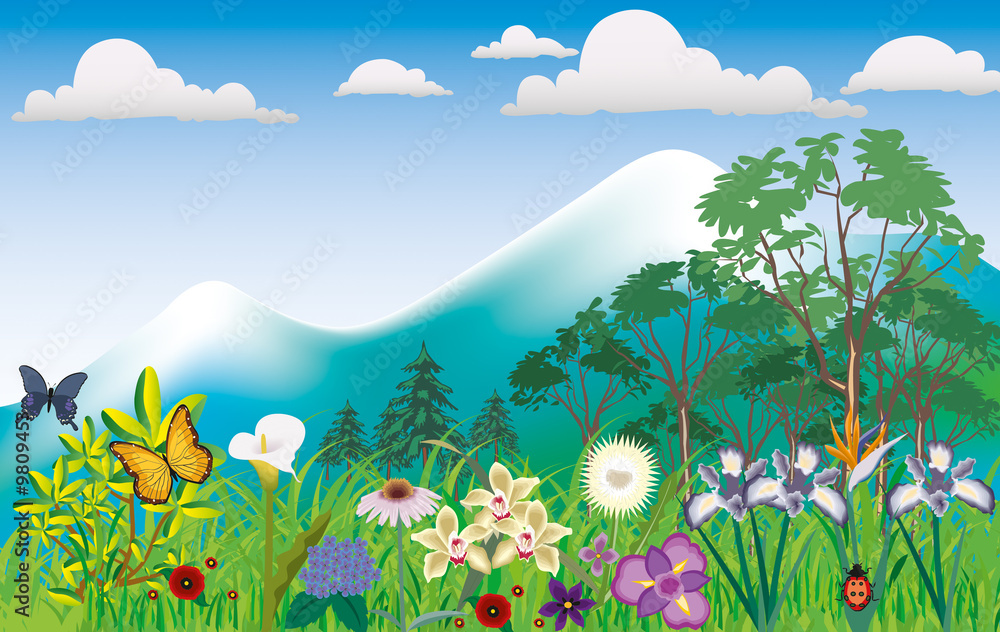 Idyllic mountain scene with flowers, butterflys and mountain