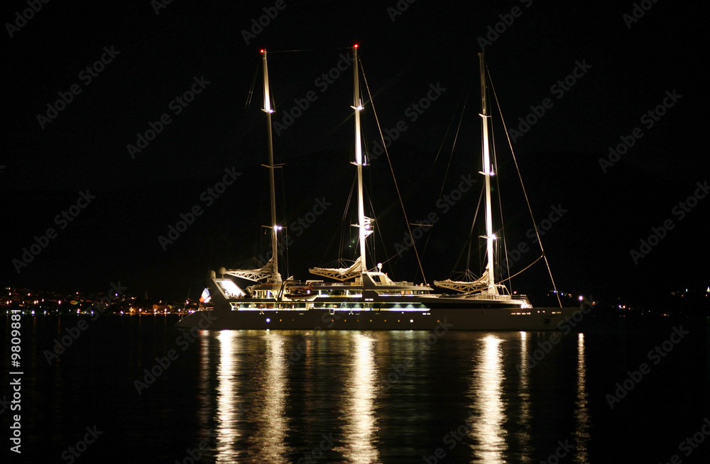 luxury boat at night in the bay of korcula island n croatia