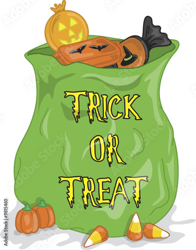 Colorful illustration of a halloween bag full of candy.