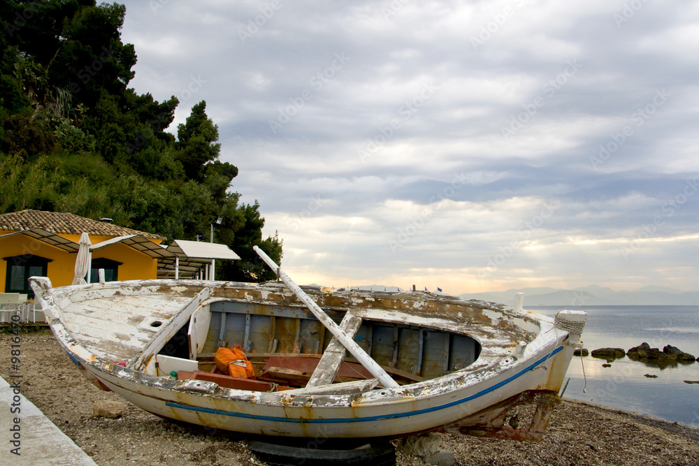 Old wreckage of a traditional greek fishing boat