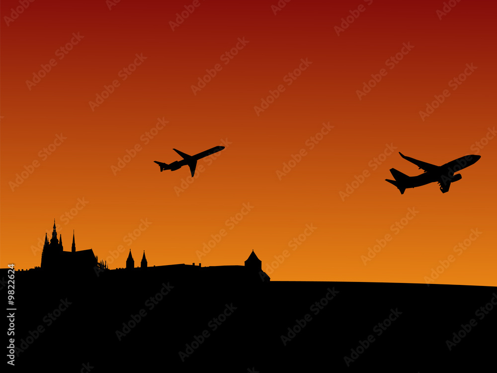 planes departing Prague with St Vitus cathedral and castle