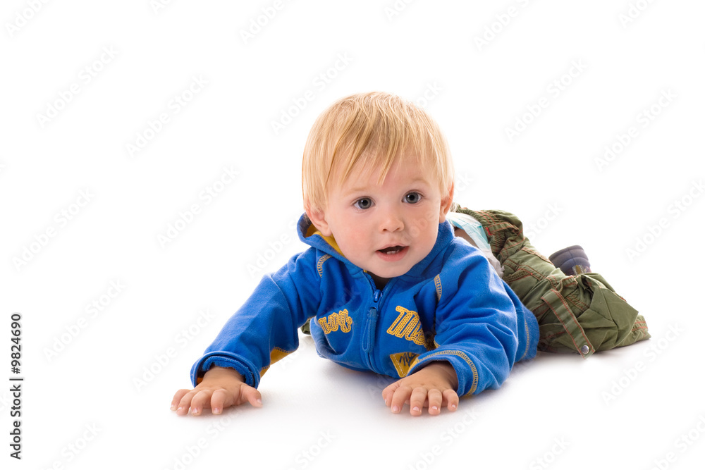 One year baby, crawl on white One year baby, crawl on white