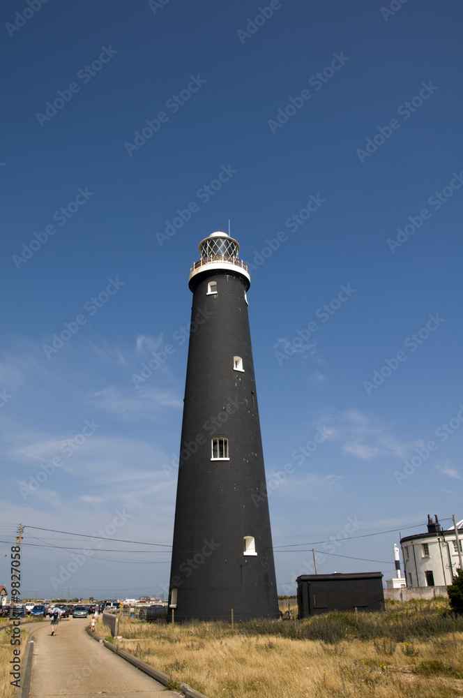 A black lighthouse at Dungeness , Kent A black lighthouse at Dungeness , Kent