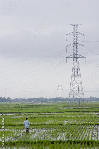 farmer working on a farmland with power lines