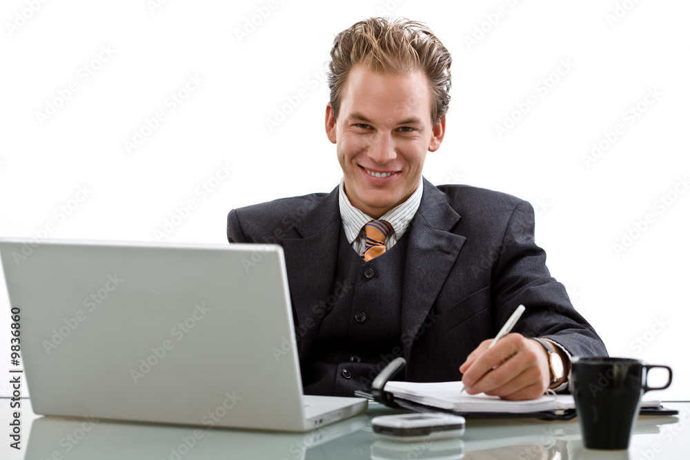 Businessman working on laptop computer, smiling, Businessman working on laptop computer, smiling,