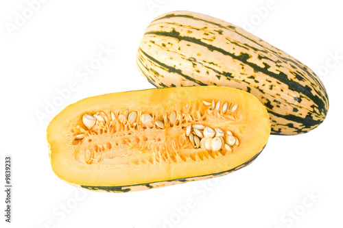 A Delicata squash split open