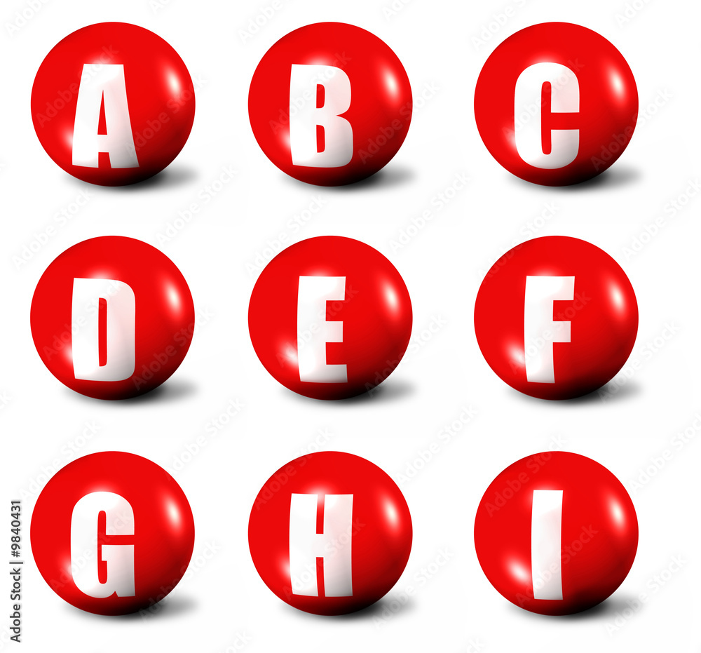 alphabet made of red 3D spheres - set one, letters from A to I alphabet made of red 3D spheres - set one, letters from A to I