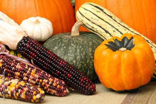 Autumn scene with pumpkins, corn, and squash