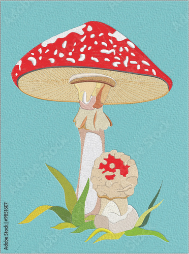 Fly agaric in a grass on a blue background.Vector photo