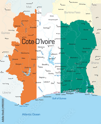 map of Cote d Ivoire country colored by national flag.
