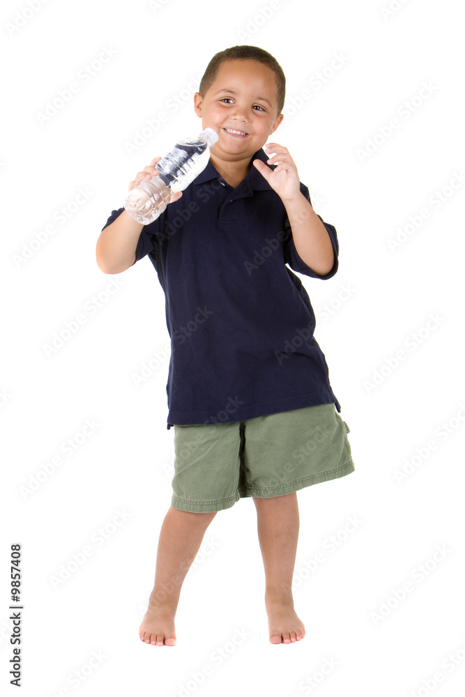 Happy latino boy dancing with water bottle on white background Happy latino boy dancing with water bottle on white background