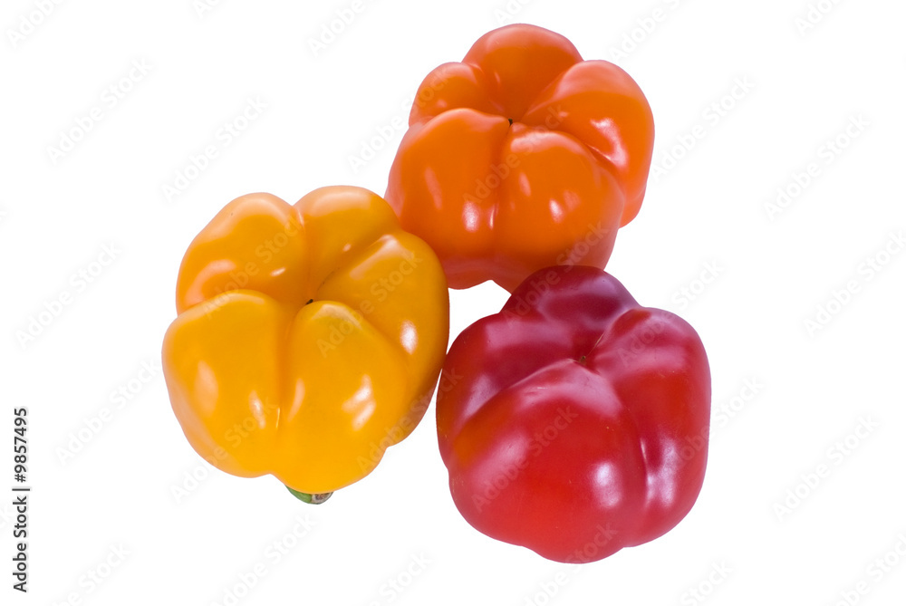 Red, yellow and orange peppers shot from top Red, yellow and orange peppers shot from top