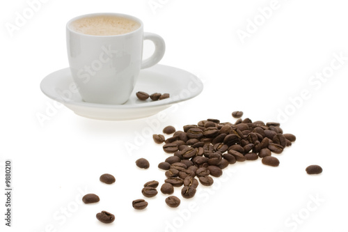 cup with coffee and grain expressed on white background