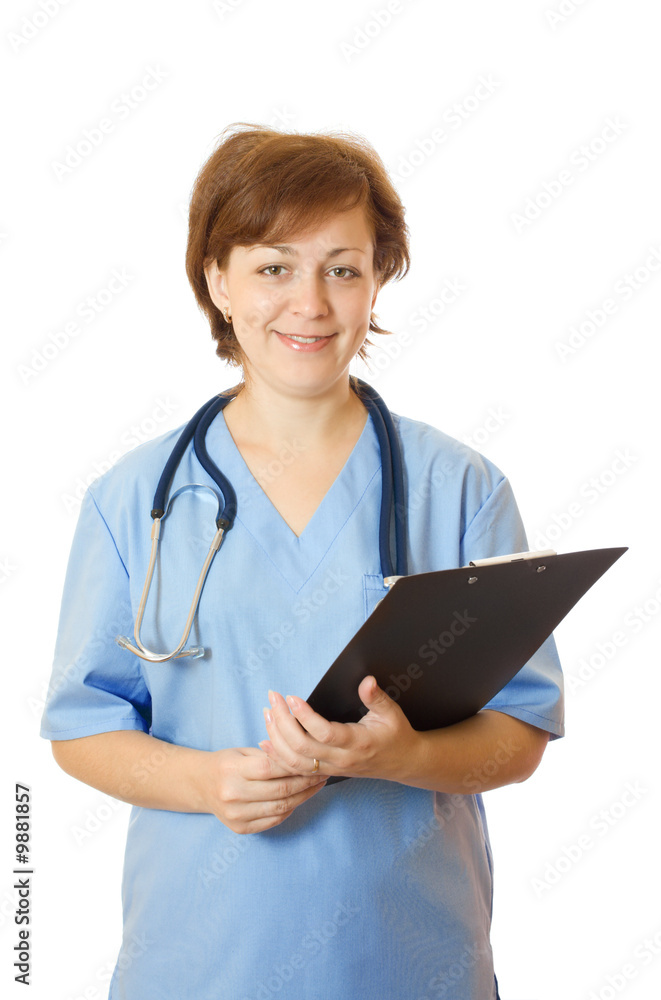 Doctor holding binder isolated on white Doctor holding binder isolated on white