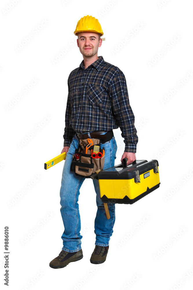 isolated young worker with tool box isolated young worker with tool box