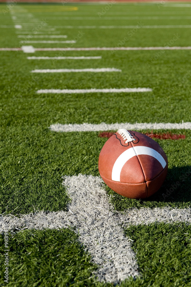 Naklejka A brown leather American football on a green football field