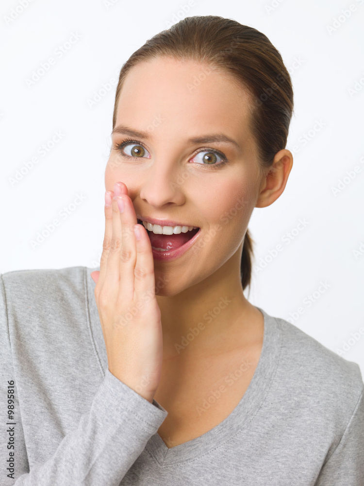Portrait of beautiful young woman showing surpise gesture Portrait of beautiful young woman showing surpise gesture