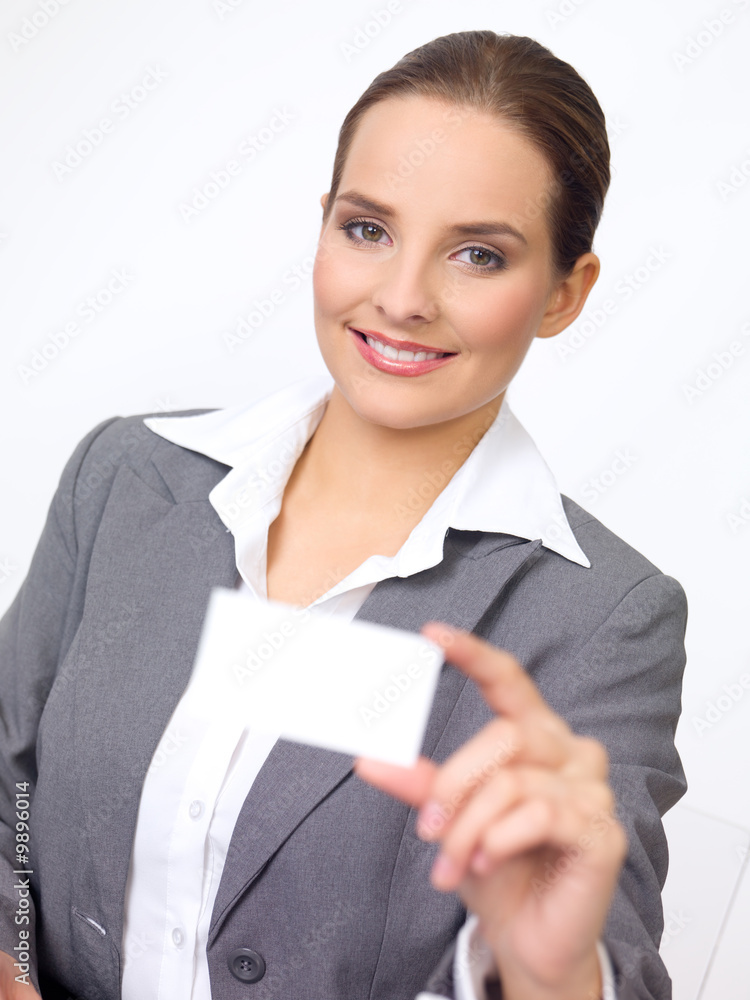 beautiful and young business woman holding empty card beautiful and young business woman holding empty card
