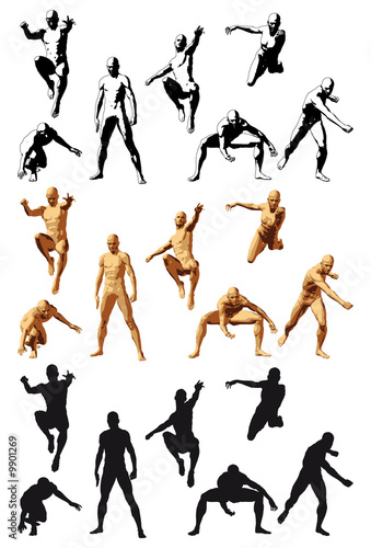 Super hero silhouette various poses, color and bw, Vector