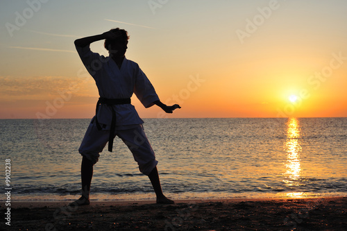 Young boy in karate uniform training at sunset
