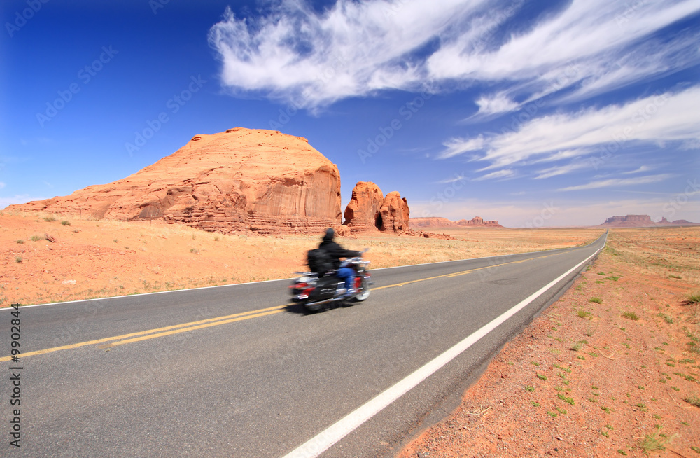 Fototapeta premium Motorcycle on road in Monument Valley (motion blurred)