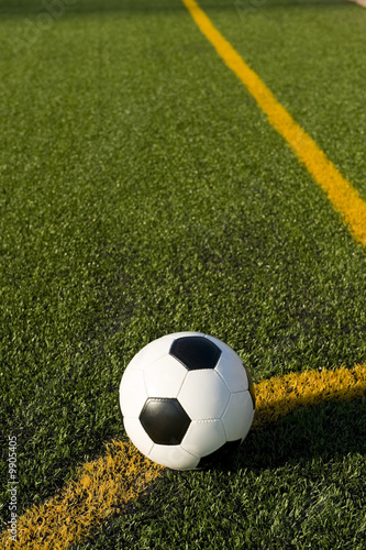 A soccer ball or football on a soccer field positioned