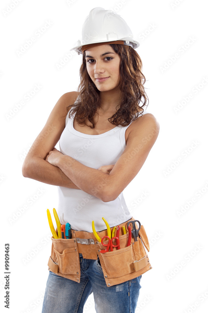Pretty girl with helmet and belt of tools isolation