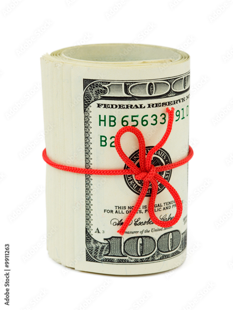 Roll of money and bow isolated on white background Roll of money and bow isolated on white background