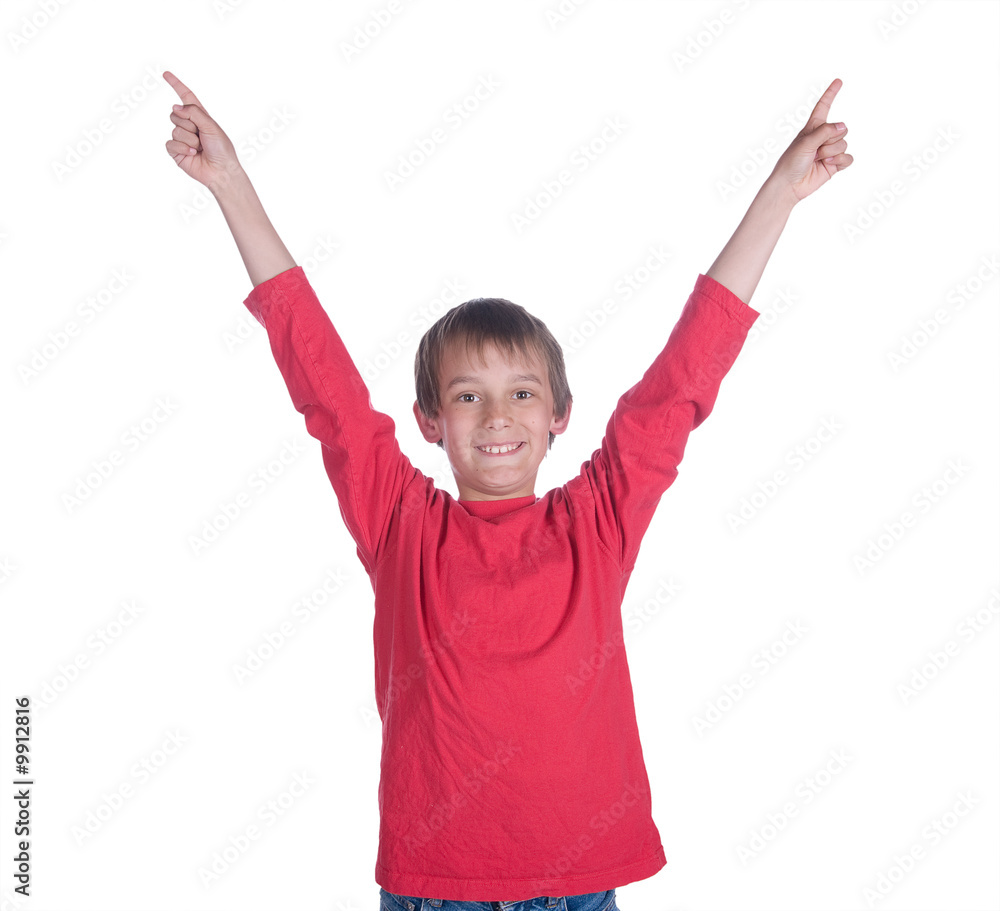 image of a boy with arms up on white background image of a boy with arms up on white background