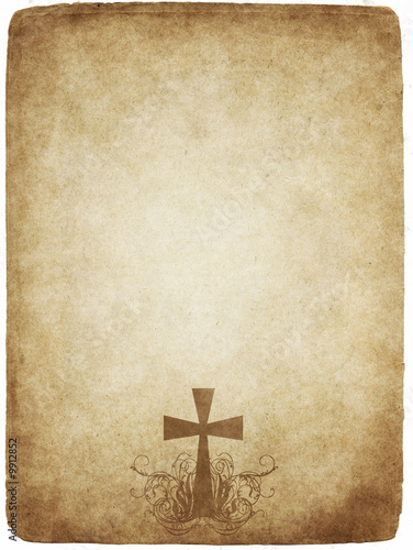 cross on old worn and grungy parchment paper