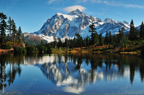 Reflection of Mt Shuksan on Picture Lake at Mount Baker..