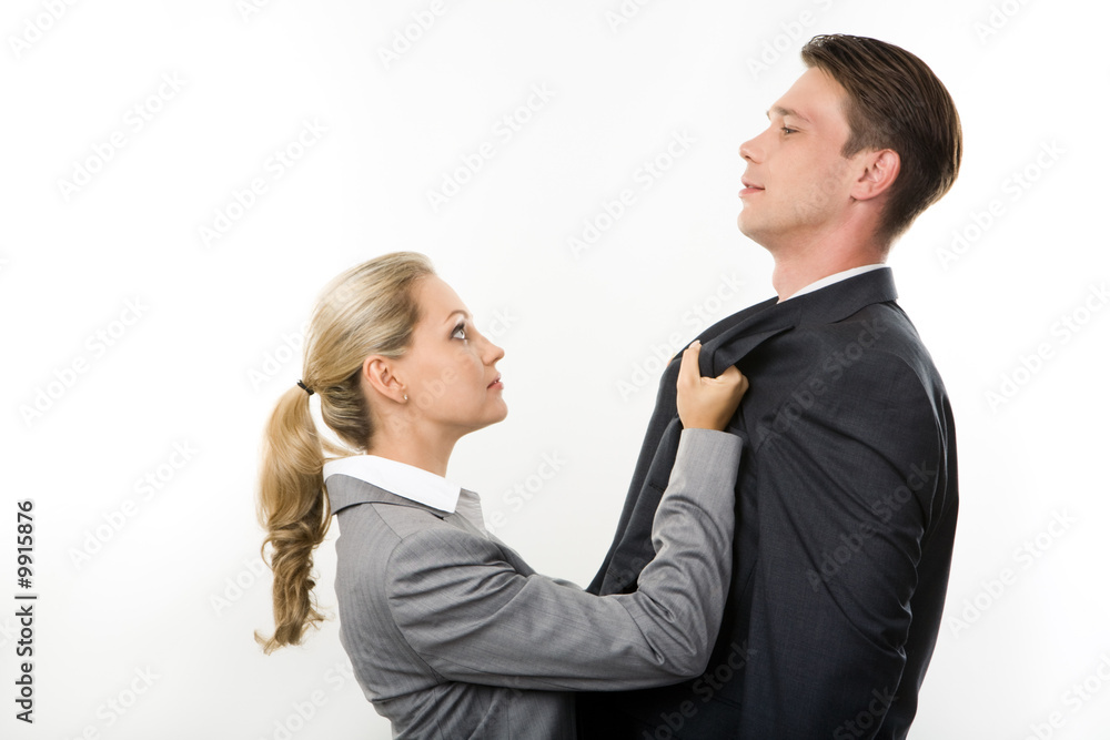 Conceptual image of business lady having fight
