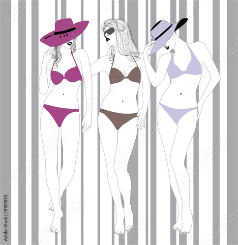 Models in bathing suits on a striped background. Vector