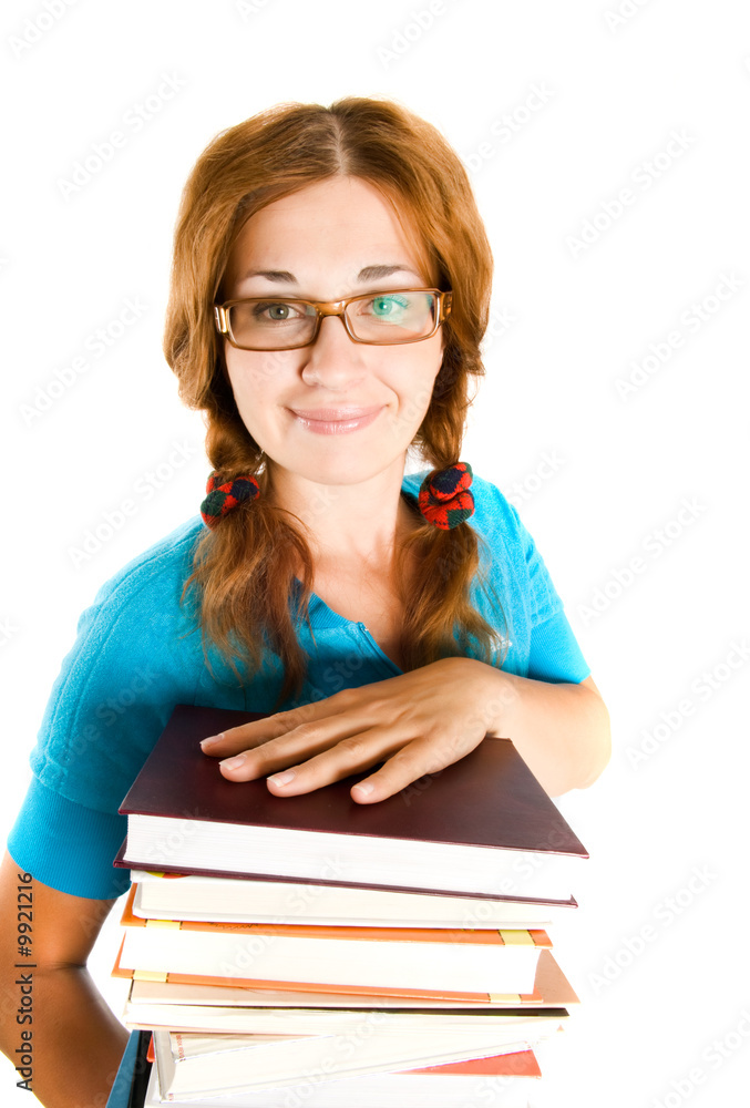 librarian with books. Isolation on the white librarian with books. Isolation on the white