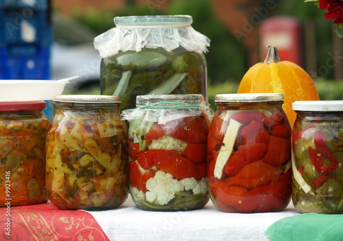 jars with different kind of pickles, home made