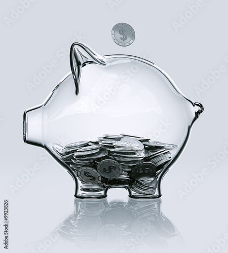 3d rendering of a piggy bank in glass with coins