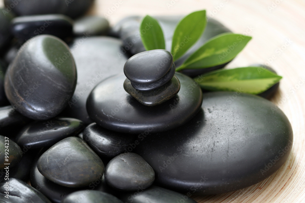 black pebbles and green leaves - beauty treatment black pebbles and green leaves - beauty treatment