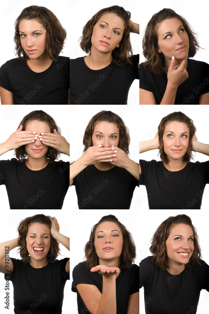 Composite of nine female facial expressions Composite of nine female facial expressions