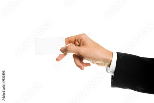 Business card or white sign in hand. Isolated.
