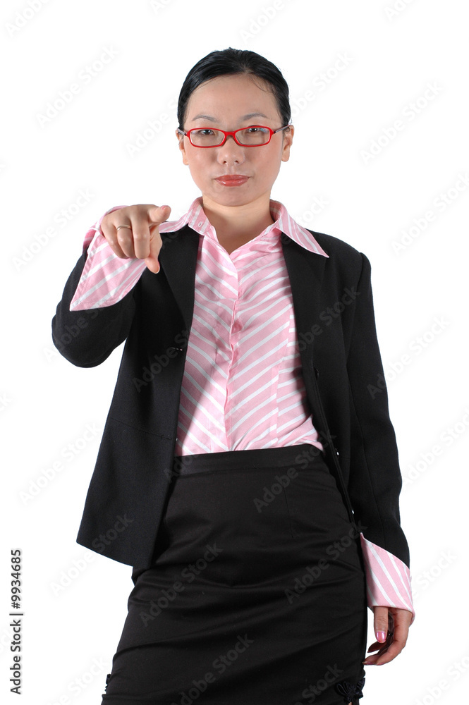 Office lady pointing her finger, wearing elegant suit and shirt Office lady pointing her finger, wearing elegant suit and shirt