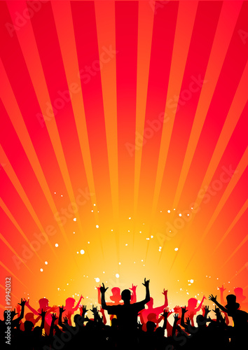 Happy people having fun in a red abstract background
