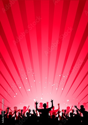 Happy people having fun in a red abstract background