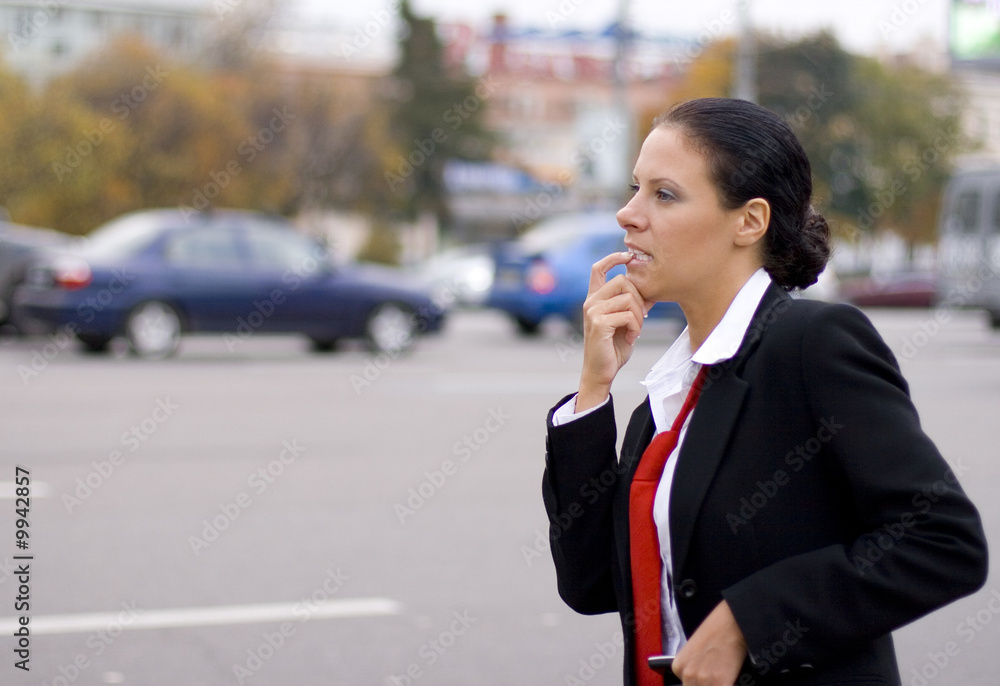 portrait of pretty hitchhiking businesswoman