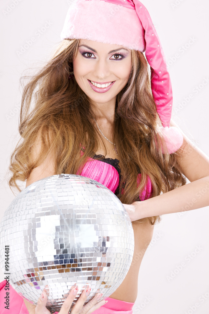sexy santa helper in pink lingerie with disco ball sexy santa helper in pink lingerie with disco ball