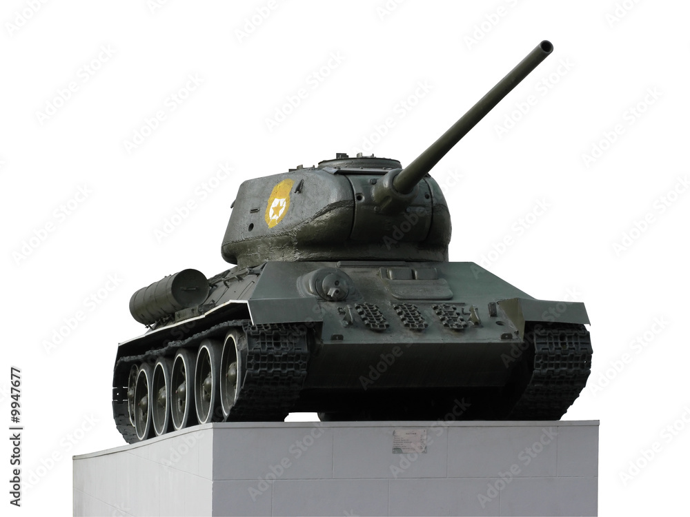 Fototapeta premium Old Russian tank T-34 on a stone pedestal