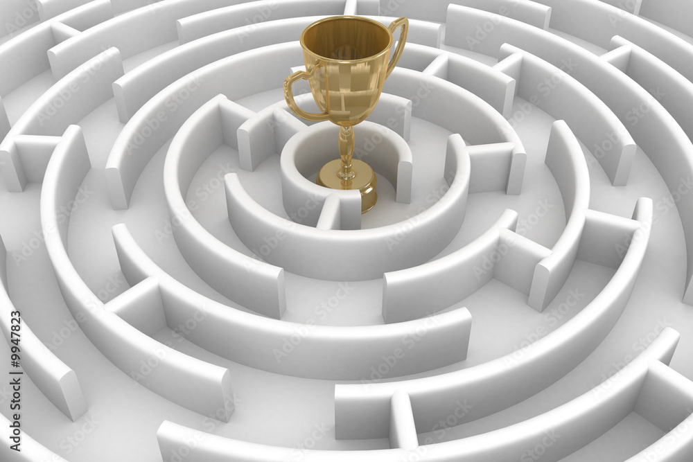 White circle labyrinth with cup. 3D image. White circle labyrinth with cup. 3D image.