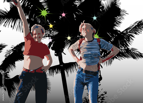 Tropical party, girls agaist bacgrond with palms